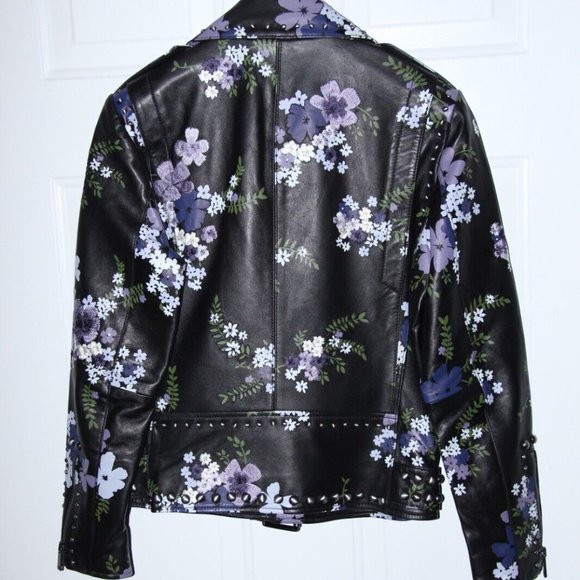NEW!! $645 MICHAEL KORS Floral Embroidered Leather Moto Jacket; Size Small - Picture 5 of 8